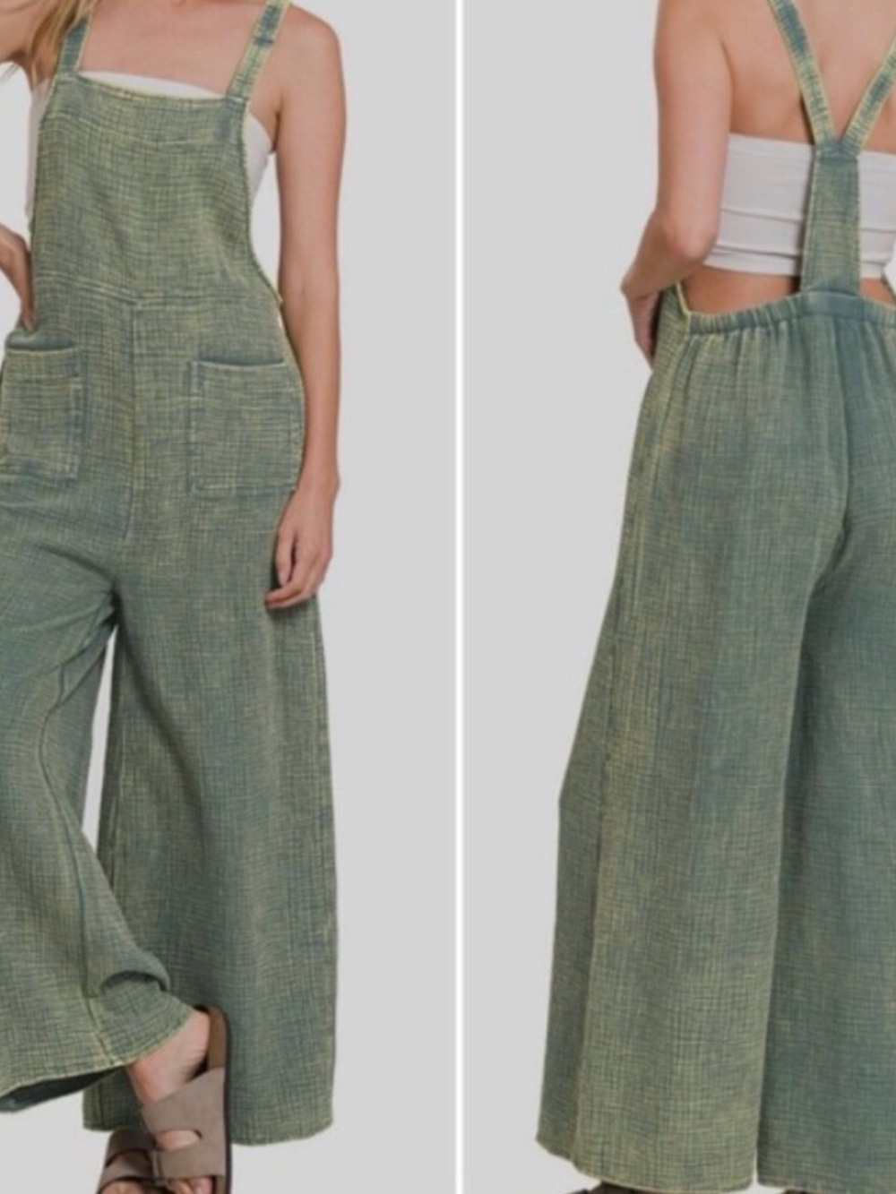 New Zenana Ash Jade Sage Green Wide-Leg Overalls Jumpsuit Gauze S-M-L
